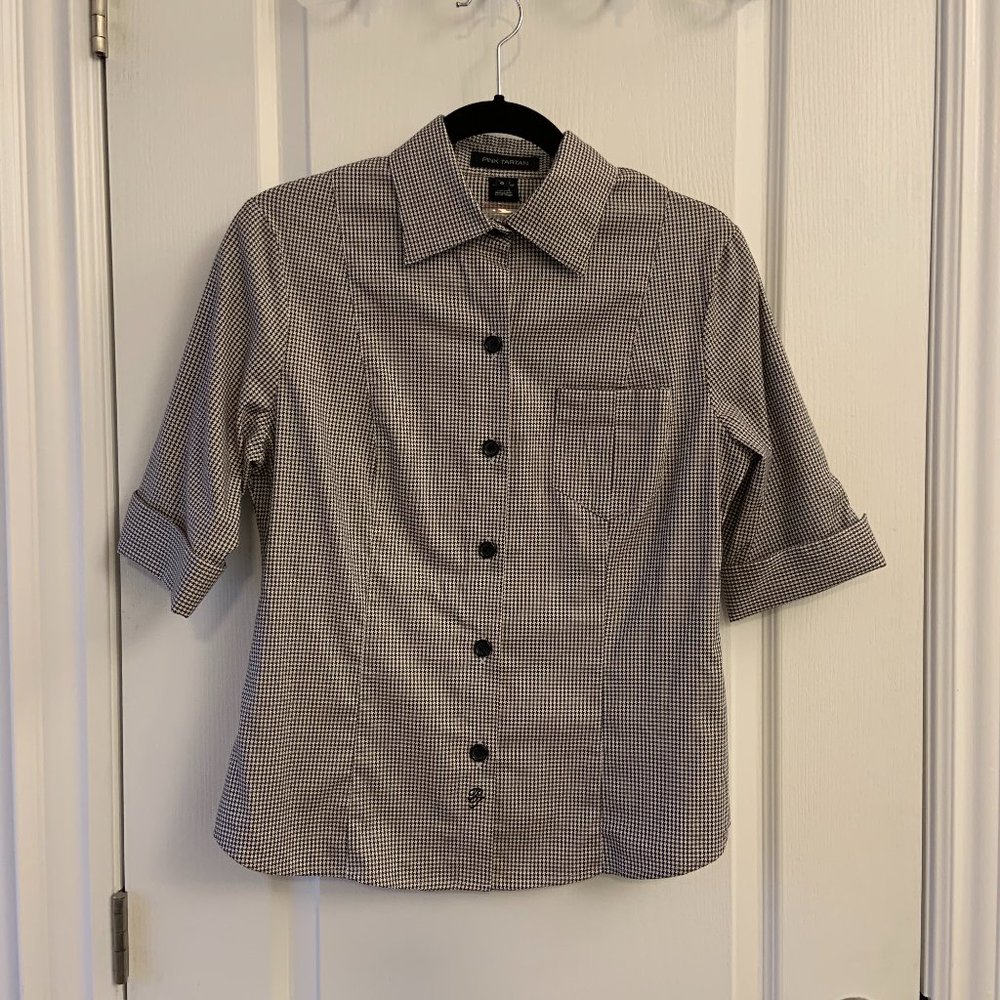 Pink Tartan Cuffed Short Sleeve Blouse Shirt Button Up Houndstooth Preppy Size 6